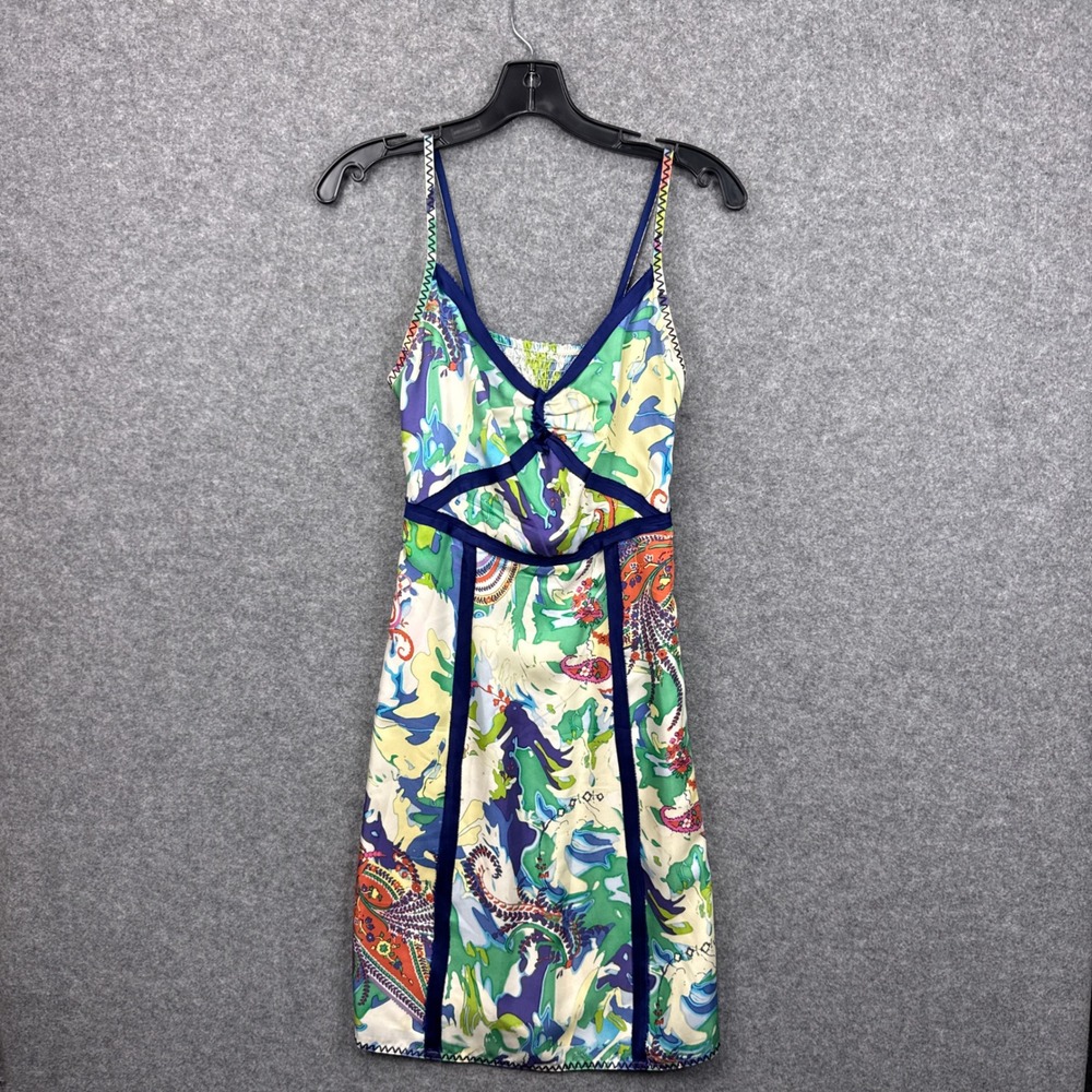 Robert Graham Womens 100% Silk Abstract Paisley Mini Dress Green Blue Size 2
